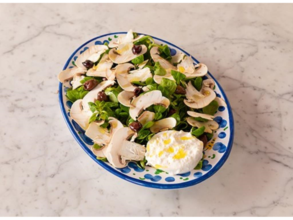 Songino, mezza burrata pugliese, olive denocciolate e funghi champignon freschi